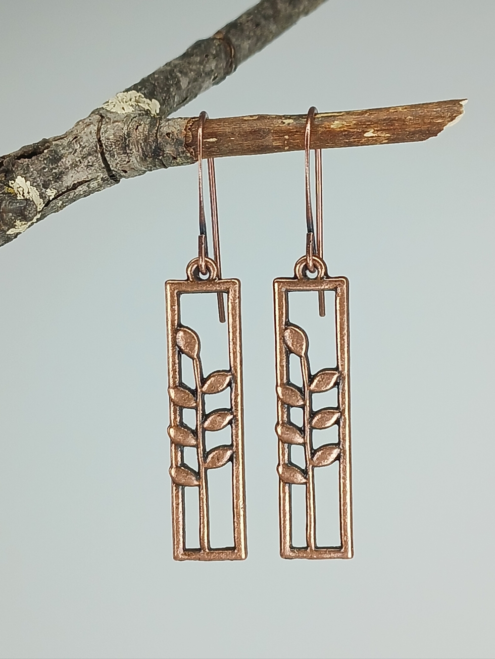 HAND CRAFTED Copper Botanical Leaf Branch Dangle Earrings Minimalist Rustic Boho - Picture 2 of 5